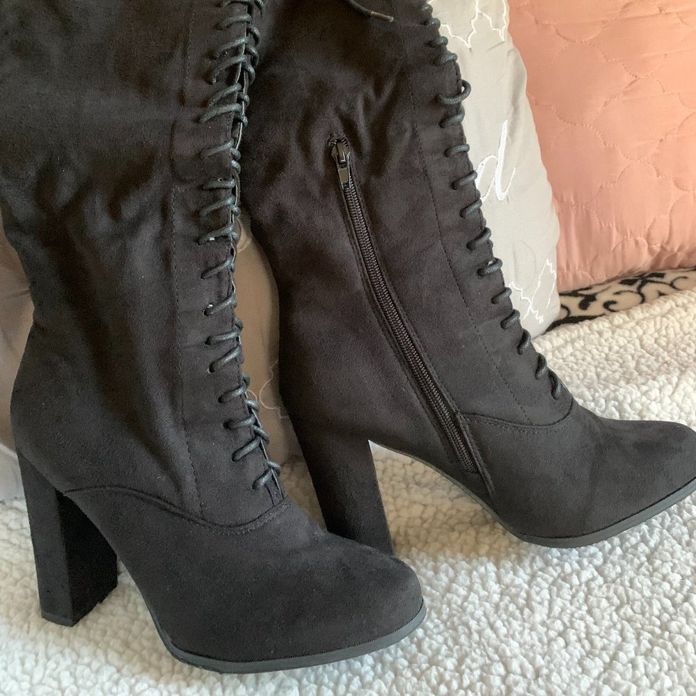 Wild Diva Black Lace - Up Knee High Boots